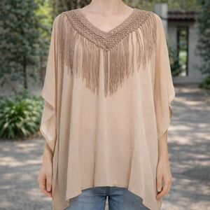NWT One Size Beige Crochet Fringe V Neck Tunic Top